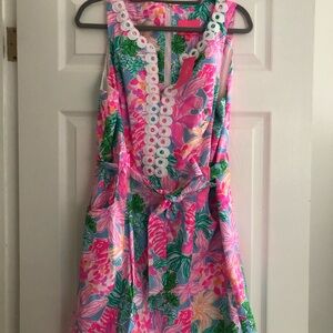 Lilly Pulitzer Pink, Green & Blue Floral Midi Dress with White Eyelet Trim